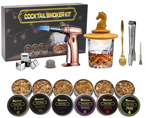 BUZZEAP Kit de Fumage à Cocktail avec Torche, copeaux de Bois 6 Saveurs avec Verre à Whisky, kit de Fumage à Whisky Bourbon à l'ancienne (sans Butane)