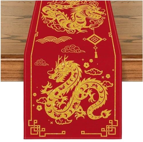 Chemin de Table Dragon Chinois Chemin de Table du Nouvel an Lunaire Nappe Rouge pour la Maison fête Festival de Printemps décoration de Table