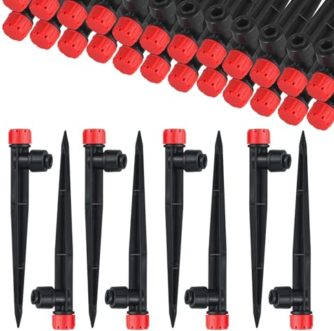 60 Stücke 360 Grad Einstellbare Bewässerung Sprinkler, 8-Loch Garten Bewässerung Tropfer mit Pfahl & Micro Drip Rohrhalter for 1/4zoll Schlauch, Bewässerungssets für Gewächshaus, Topfpflanzen, Rot
