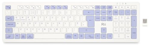 Rii Wireless Keyboard Rechargeable, Multi-Device Keyboard Low Profile for Windows/Android/IOS,Full Size,110 Keys, UK Layout for PC, Laptop, Mac(White&Purple)