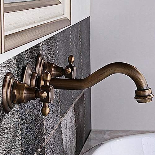 Robinet D'évier De Lavabo En Laiton Antique, Bec Long De 20Cm, Double Poignées, Robinet Mitigeur À 3 Trous, Robinet D'évier De Salle De Bains Mural