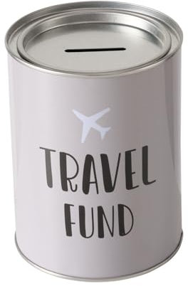 Spardose Sparschwein Schriftzug Travelfund - Deckel abnehmbar - Wiederverwendbar Metall Sparbüchse Geldgeschenk Geschenkidee Geldspardose Metallspardose 10 x 13,5 cm