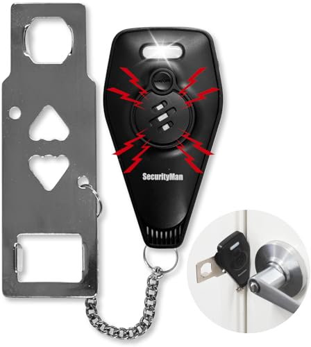 SecurityMan Portable Door Lock for Hotel, Apartment, & Travel - Renter Friendly Apartment Door Lock - Loud 130dB LED Alarm - Rechargeable Door Locks for Travelers - Hotel Room Security Devices - Black