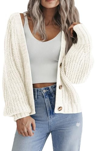 HOTOUCH Ladies Cardigans UK Short Open Front Jumpers with Buttons Womens Loose Long Sleeve Knitwear Oversized Sweater for Winter Spring White S