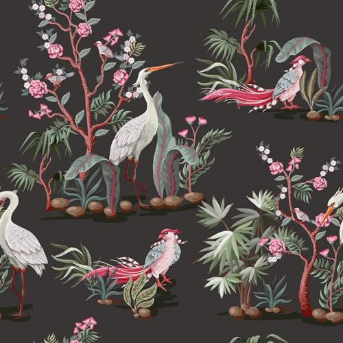Livelynine Self Adhesive Wallpaper Green Tropical Pink Floral White Crane Peony 44.5CMx7M Stick on Jungle Wallpaper for Bedroom Peel and Stick Vinyl Wrap Pattern Chinoiserie Vintage Wall Paper Roll