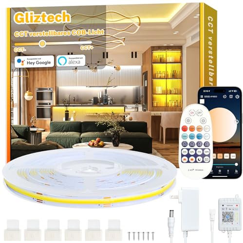 7M Cob Led Streifen Warmweiss Alexa Kompatibel, 3000K bis 6500K Led Strip Warmweiß bis Kaltweiß Dimmer, Ultraheller Led Band, Led Unterbauleuchte mit Fernbedienung und App für Küche, Schlafzimmer