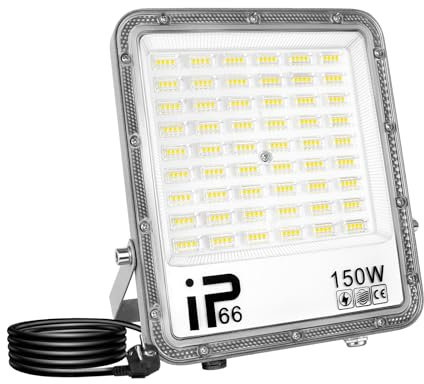 RIGIDON 150W Projecteur d'extérieur Led Avec Prise EU, 15000LM Blanc Luminaire, IP66 étanche Éclairage de Sécurité Extérieur, Projecteur led lampe de Patio Garage Terrasse Jardin Chantier (1M Fil)