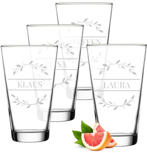 polar-effekt Leonardo Lot de 4 verres à long drink 300 ml avec gravure personnalisée – Verre avec nom – Cadeau d'anniversaire – Pour cocktails, mojito et eau
