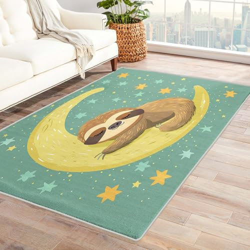 Faultier Teppich Kinderzimmer - Teppich Wohnzimmer Schlafzimmer Süße Faultiere, Kleiner Teppich Mond Und Sterne, Weich Kurzflor & Waschbar & rutschfest Fussmatte Innen, Kinderteppich 80x150 cm
