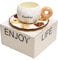 CAPIJIONG 350ml/12oz Creative Biscuit Handle Coffee Cup Plate Set Simple And Cute Coffee Cup-Light brown cup handle - color box packaging