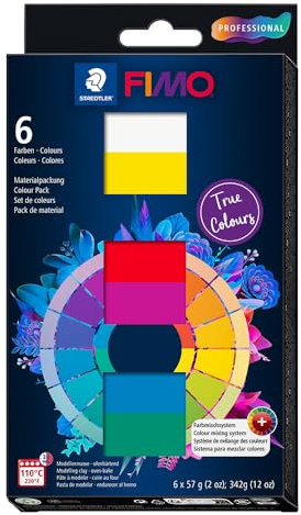 STAEDTLER FIMO professional Materialpackung 8043 C ofenhärtende Modelliermasse True Colours, speziell für Profis und Künstler, 6 Blöcken à 57 g, Farbmischprospekt, 8043 C6-1