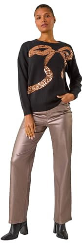 Roman Originals Women Diamante Embellished Jumper Ladies Sparkly Sequin Sweater Batwing Autumn Winter Sparkle Knit Knitwear Glittery Shiny Casual Evening Going Out Party - Black Gold - Size 10