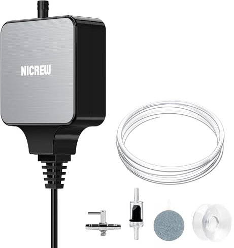 NICREW Nano Silent Max Bulleur Aquarium 40-80 L, Pompe à Air Ultra-Silencieuse <35 DB avec Vanne de Régulation, 1,5 W, 36 L/h, Accessoires Aquarium