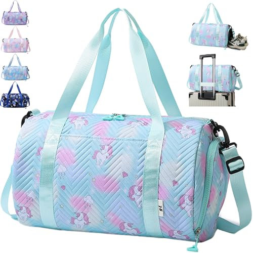 AUNGKWANG Einhorn Yogatasche, Sporttasche Mädchen, Wasserdicht Turnbeutel, Reisetasche Kinder, Gym Bag, Schwimmtasche, Sportrucksack, Trainingstasche mit Schuhfach & Nassfach (Grün)