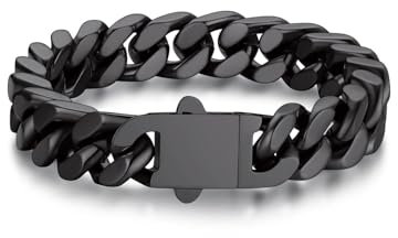 Bandmax 21CM Armband Herren Edelstahl Panzerkette Schwarz 12MM breit Kubanische Kette Jungs Modeschmuck Accessoire