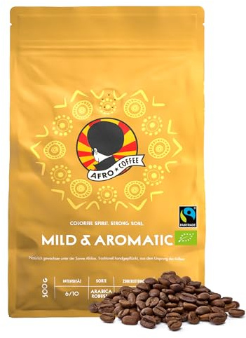 AFRO COFFEE Mild & Aromatic I 500g Premium Bio Kaffeebohnen Fairtrade I Arabica & Robusta Kaffee ganze Bohnen I Bohnenkaffee aus Ostafrika mit blumiger Note I handgepflückt, mittel geröstet, säurearm