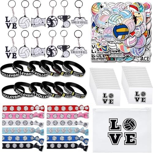 Anprola Volleyball-Partygeschenke, Sportgeschenke, inklusive Volleyball-Schlüsselanhänger, Silikon-Armbänder, Haargummis, Goodie-Taschen und Aufkleber für Volleyball-Mottoparty-Zubehör, Dekorationen
