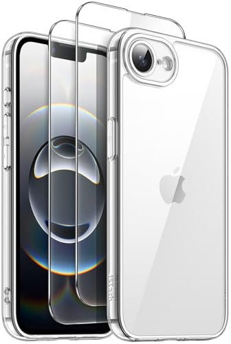 JETech 3 in 1 Hülle für iPhone 16e 6,1 Zoll 2025 mit 2 Stück Gehärtetes Glas Schutzfolie, Nicht Vergilbende Stoßfest Stoßfänger Handyhülle (Durchsichtig)
