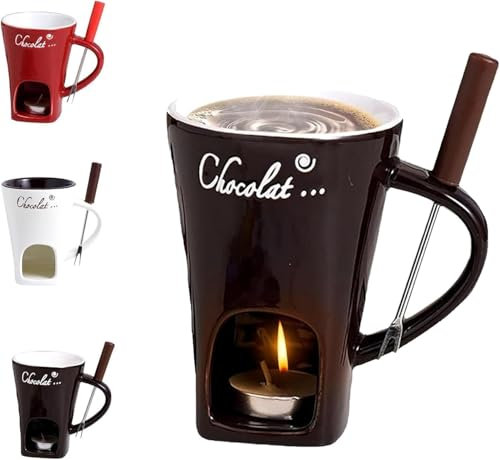 Chocolate Fondue Mug with Forks, Chocolate Melting Cup, Ceramic Butter Warmers Pot Set, Personal Cheese Melting Cup, Fondue Heated with a Tealight, Warmer Mug for Candy Snack Caramel Party (Coffee)