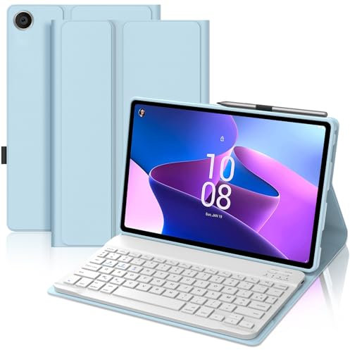 Coque Clavier pour Lenovo Tab M10 3e Gén 10.1 Pouces, AZERTY Français Housse Clavier Bluetooth Magnétique Détachable avec Porte Crayon pour Tablette Lenovo Tab M10 3eme Gén 10.1 2022, Bleu Ciel