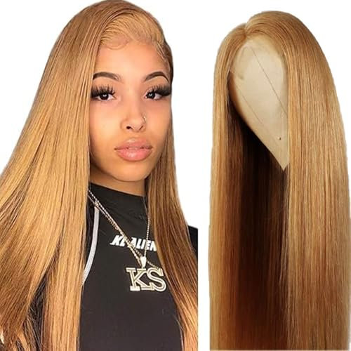 AiPliantfis Glueless Wig Human Hair Wig Echthaar Perücke Damen Straight Perücke Damen Echthaar #27 Blonde 4x1 Lace Natural Hairline with Baby Hair Minimal Smell 20 Zoll