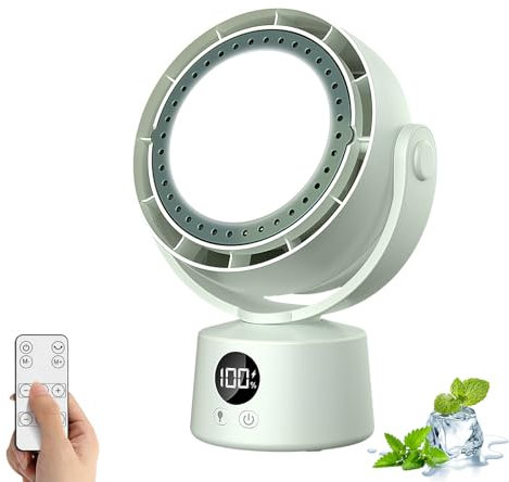 Potente ventilador de escritorio sin aspas con luces y controles remotos, ventilador de mesa silencioso, 6 velocidades, oscilación de 180°, ventilador de circulación de aire inteligente de 2400 mAh