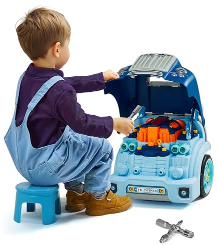 VEVOR Jouet Moteur de Camion, 60 Accessoires, Jouet Mécanicien Camion Enfant avec Lumières, Sons, Volant, Kit Jeu Imitation Mécanicien Réparation Atelier Automobile pour Enfants 3 Ans et Plus, Bleu
