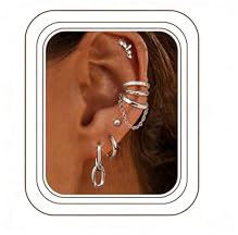 DOCHAIS 7 Paar Ohrringe Silber 925 Stecker Set Damen 18 Karat Vergoldet Ohrstecker Creolen Ohrringe Silber Set mit Ear Cuff Fake Piercing Helix Knorpel Tragus Conch Piercings Ohr Ohrring Ohne Ohrloch