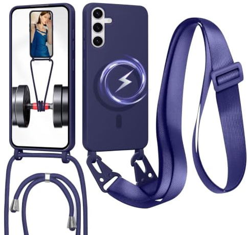 FERLAN Handykette mit Band für Samsung Galaxy A14 4G/A14 5G Hülle, Lanyard (abnehmbar) Handyhülle Case mit justierbarer Schnur Abnehmbar Strap, Crossbody Schutzhülle zum Umhängen Kordel, Dunkelblau