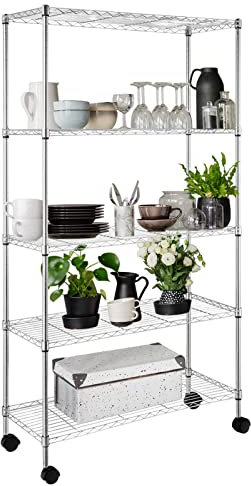 Bonnlo 5-Tier Wire Shelving Unit with Wheels, Adjustable Storage Rack for Kitchen, Pantry & Home, 90x35x165cm, 80kg Capacity, Silver