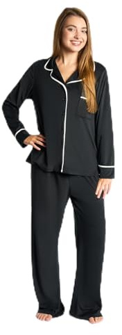 OHS Pyjamas for Women, Piped Long Sleeve Shirt and Full Length Bottom Pyjama Set of 2 Button Down - Black, Cream, Charcoal Grey