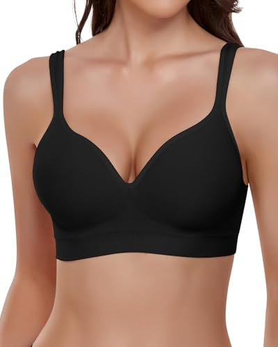 WOWENY Tshirt BH Damen ohne Bügel Schalen BH Bügelloser Seamless Bustier Soft Bequem Komfort Minimizer Bra Stütz-BH mit Breiten Trägern(Schwarz,M)