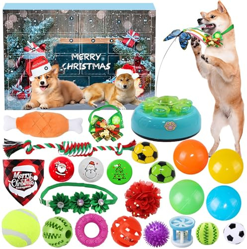Hunde Adventskalender 2025, 24-Tage-Weihnachts-Countdown mit Kauspielzeug, Seilen und Quietschbällen, Geschenkset für Welpen inklusive Beißspielzeug und Bandana für Hundeliebhaber