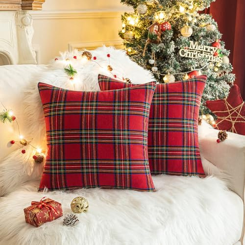 BSLVWG 2 Stück Weihnachten Plaid Dekorative werfen Kissenbezüge, Schottische Tartan Plaid Kissenfall Bauernhaus Klassische Dekorative Quadratkissenfälle für Home Decor Sofa Couch (Rot)