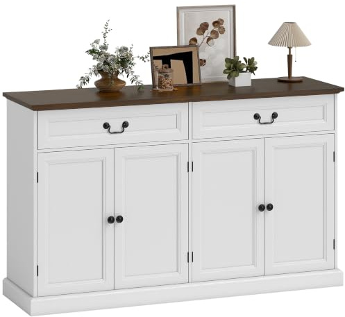 HOMCOM Buffet Salon avec 2 Tiroirs Silencieux 140 x 40 x 85 cm Blanc Marron | Meuble de Rangement Plateau Épais, 4 Portes, Étagères Ajustables, Style Rustique, Buffet Salle à Manger Cuisine