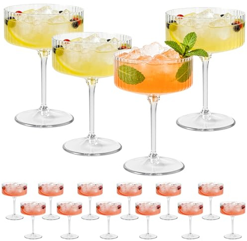 ZOMUIA Ribbed Coupe Glasses 16 Pcs, 10 oz Plastic Champagne Coupe Detachable Acrylic Cocktail Glasses Plastic Martini Glasses for Bar, Wine, Dessert, Cocktail Glassware(Clear)