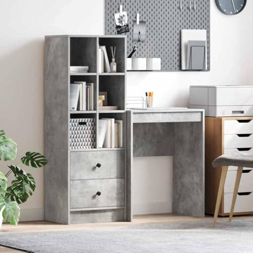 Runheo Schreibtisch mit Schubladen 2er Set, Beton Grau, 105,5x34x127 cm, Holzwerkstoff, langlebig, modernes Design für Heimbüro und Arbeitszimmer