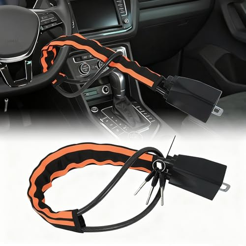 Car Steering Wheel Lock, Anti Theft Car Device, Car Anti-Theft Lock with Aluminum Alloy Lock Cover, Black and Orange Reflective Design, 27.56 Inches, Universal Compatibility, 3 Keys