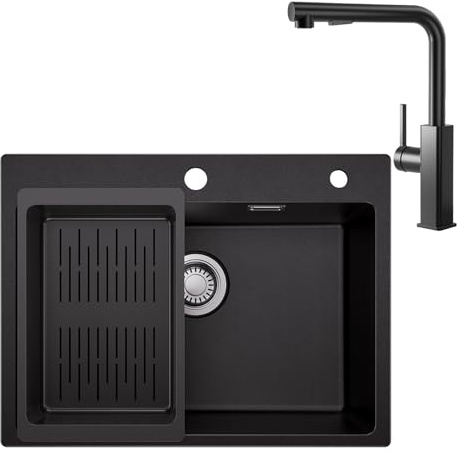 Fregadero de granito negro 60 x 45 cm con grifo de cocina, fregadero empotrable para armario bajo de 60 cm, grifo extensible con función de ducha