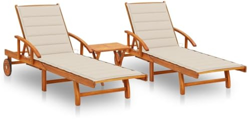Runheo Tumbonas de jardín 2 unidades con mesa y cojines de madera maciza de acacia, plegables ajustables con ruedas para terraza, balcón, cubierta de piscina