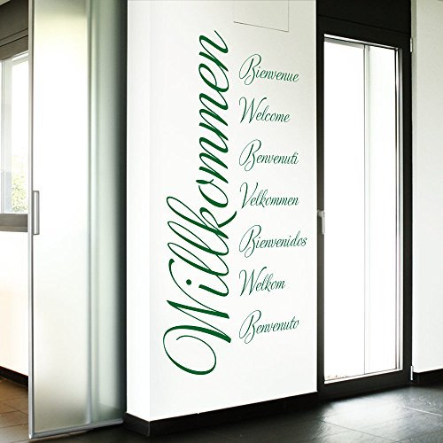 Grandora Wandtattoo Wort Willkommen in 8 Sprachen I grün (BxH) 80 x 161 cm I Flur Diele selbstklebend Aufkleber Wandaufkleber Wandsticker Sticker W3014