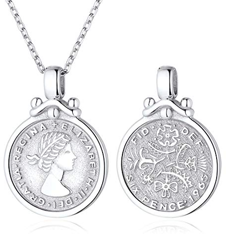 ChicSilver UK Queen Elizabeth Halskette für Frauen 925 Sterling Silber Münze Medaillon Six Pence Anhänger Boho Minimalist Schmuck …