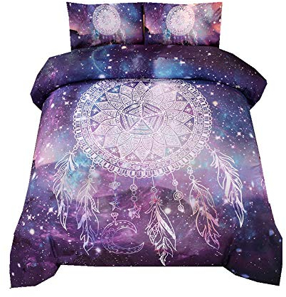 Sticker superb Böhmen Indisch Blume Traumfänger Lila Blau Schwarz Mandala Bettwäsche Set mit Kissenbezug,Galaxis Star Einhorn Tier Bettbezug Set (Traum Fänger 1, 150x200cm)