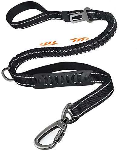 Guinzaglio resistente per cani di grossa taglia, Bungee Ammortizzatore Dog Leash e cintura di sicurezza, guinzaglio riflettente per la sicurezza di notte e 2 maniglie imbottite per il controllo