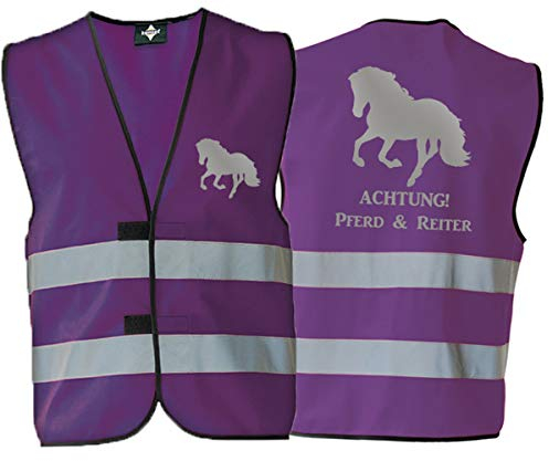 Generisch Warnweste Sicherheitsweste ACHTUNG! Reiter & Pferd mit reflektierendem Aufdruck 8 Farben 5 Größen (M, Lila)