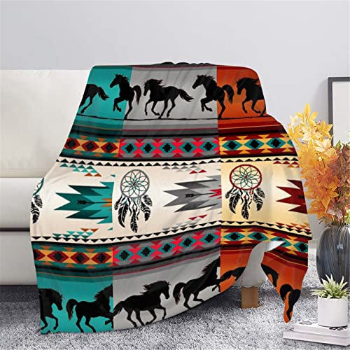 HUGS IDEA Tribal-Decke, neuartiges Design, dreifarbige Spleißung, Ethno-Streifen, Plüsch-Fleecedecke, Südwestlich, Pferd, Afrika, Navajo, Azteken, Winter, Sofa-Überwurf, Größe L
