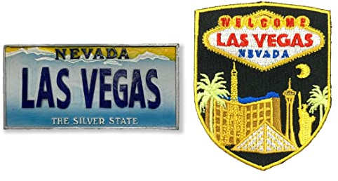 A-ONE Las Vegas Nevada Nummernschild USA 3D Landschaft Kühlschrank Aufkleber Magnet 1 Stück + Welcome to Las Vegas Schild Stickerei Hose Abzeichen Patch 1 Stück Foto, Marine Patch C213+213