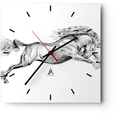 Modern Wanduhr Pferd Zeichnung Bleistift 40x40cm Quadrat Groß Wand Uhr Glas Analog Zimmeruhren Küche Büro Wohnzimmer Glasuhr Wall Clock Dekoration Design Wanddekoration Küchenuhr C3AC40x40-4906