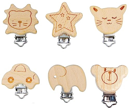 tallkeey 6 Stück Schnullerclip, Holzclip Baby Schnullerclips Holz Schnullerketten Clips Nuckelclip Dummy Nippel Halter für Baby