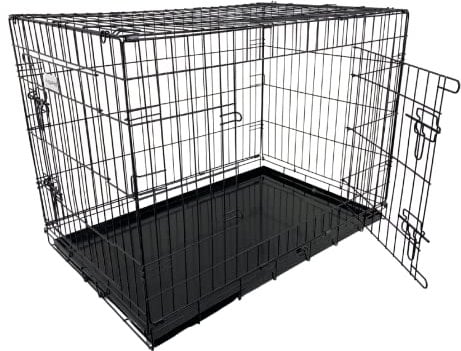 HugglePets Large Foldable Dog Crate - Black (Large 91 x 61cm) Lockable Stainless Steel Double Door Cage for Dogs with Slide Out Metal Tray & Detachable Carry Handle Ideal for Home & Travel.